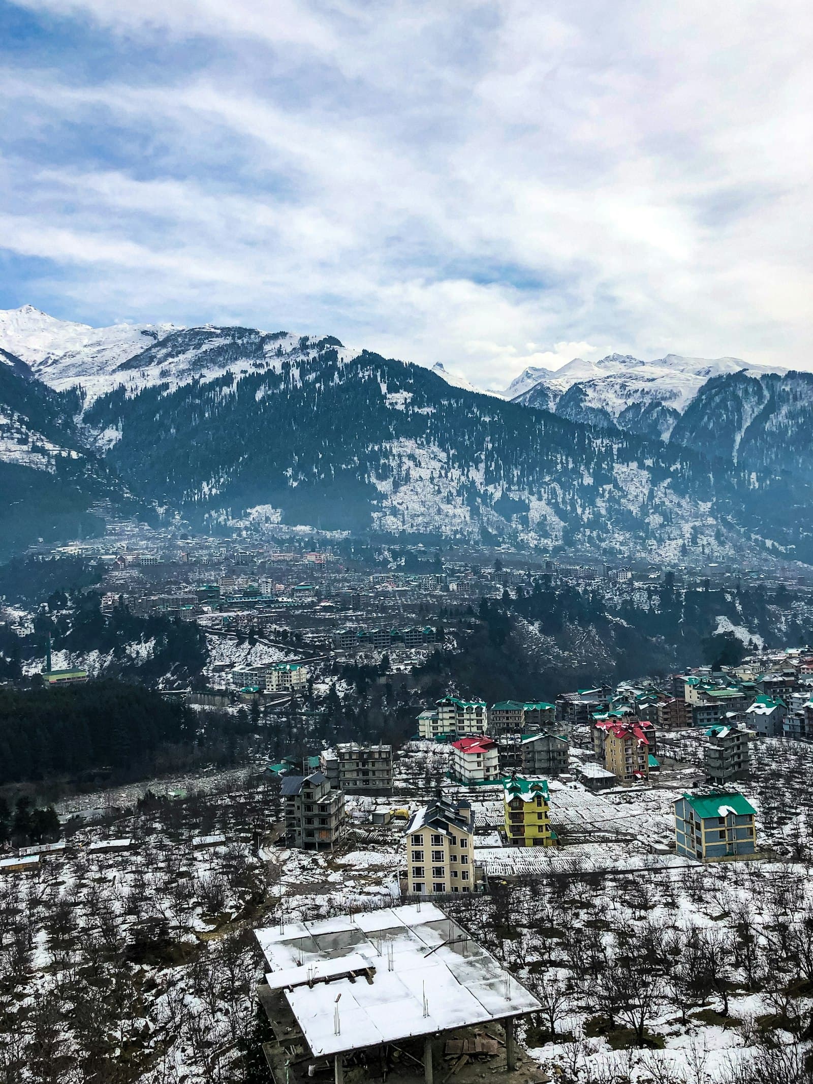 Manali town spread below snow-covered peaks
