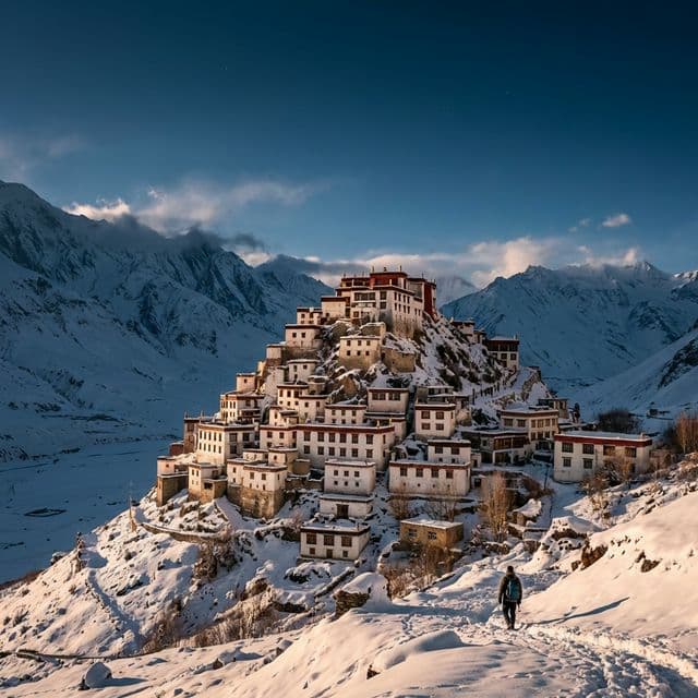 Key Monastery above snow-covered slopes in Spiti