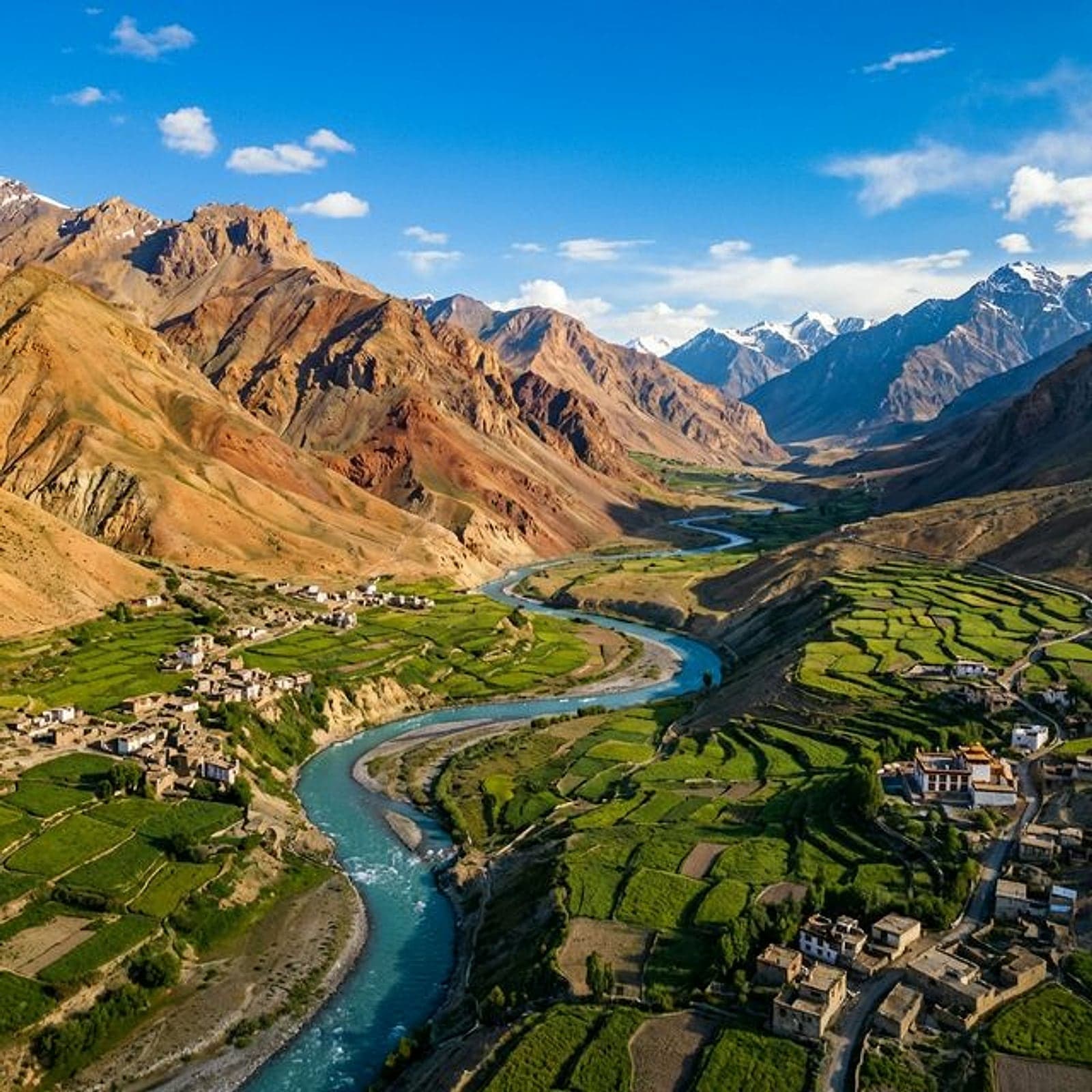 Green terraced fields along the Spiti river below brown Himalayan ridges