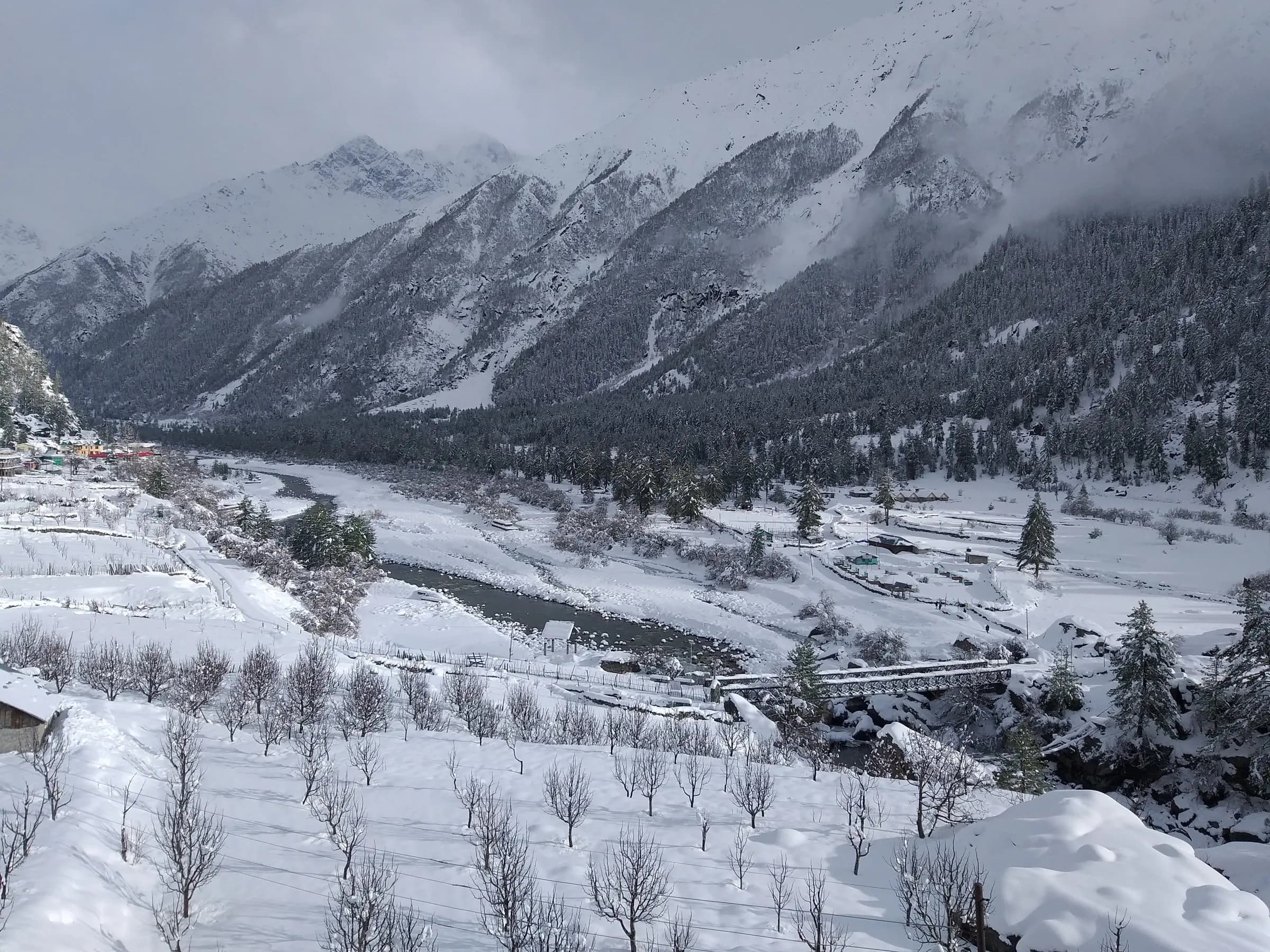 Rakchham's orchards and the Sangla valley under winter snow