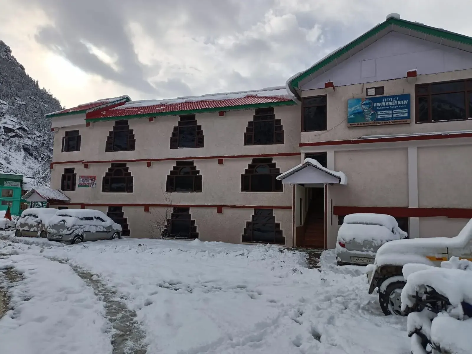 The hotel's front under fresh snow