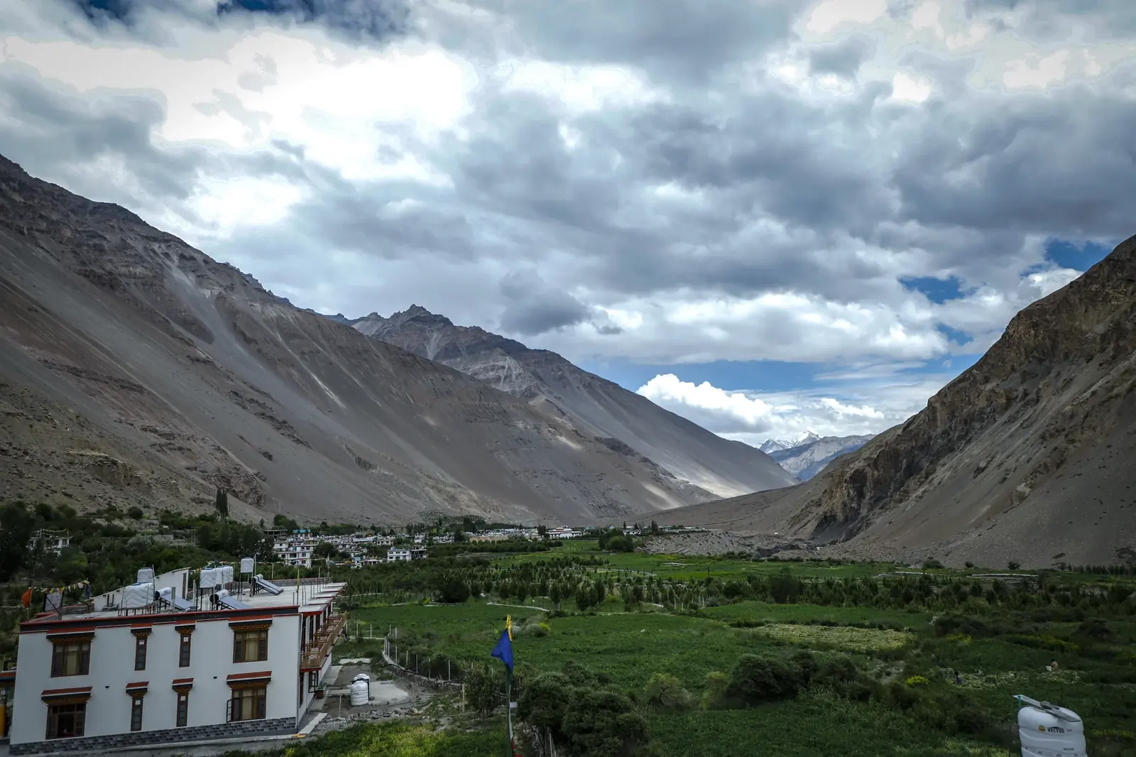 Tabo village and its green fields between the Spiti mountains