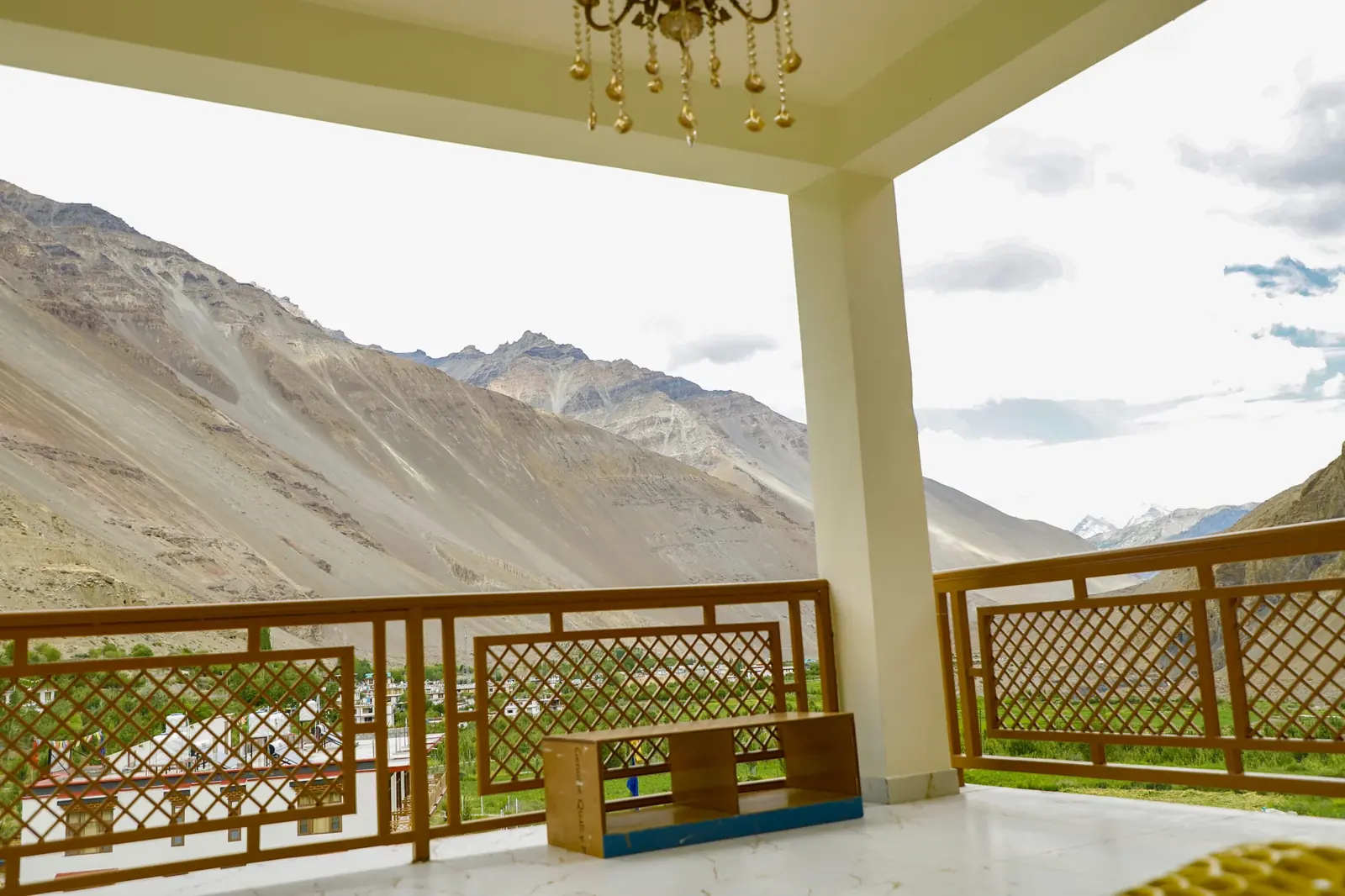 Covered balcony looking across the Spiti valley