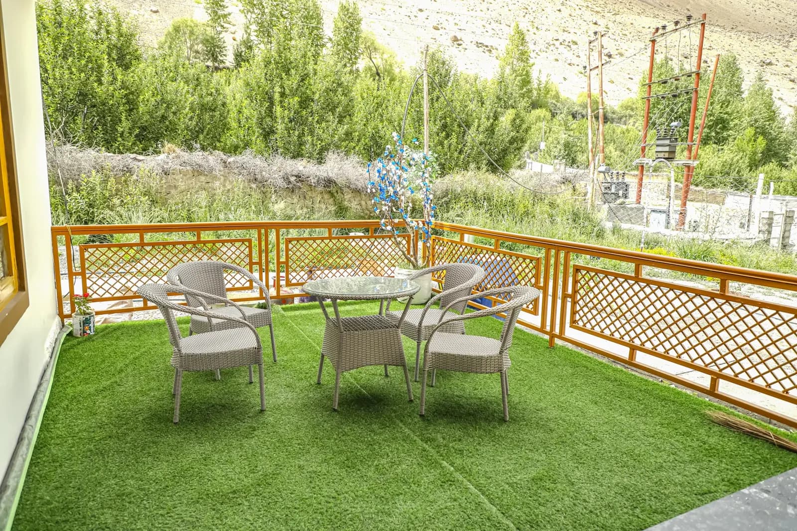 Lawn terrace with wicker chairs