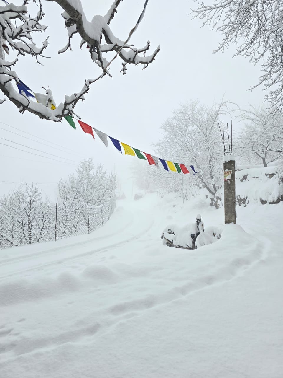 Prayer flags over a snowbound road in Kinnaur